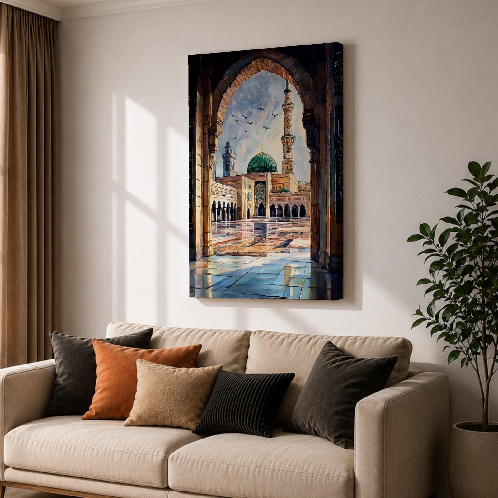 Painting of Masjid Nabawi in Medina seen through a grand stone archway, showing the iconic green dome, tall minaret, and reflective marble courtyard with birds flying above the sacred Prophet’s Mosque and detailed Islamic architectural arches framing the serene mosque complex.