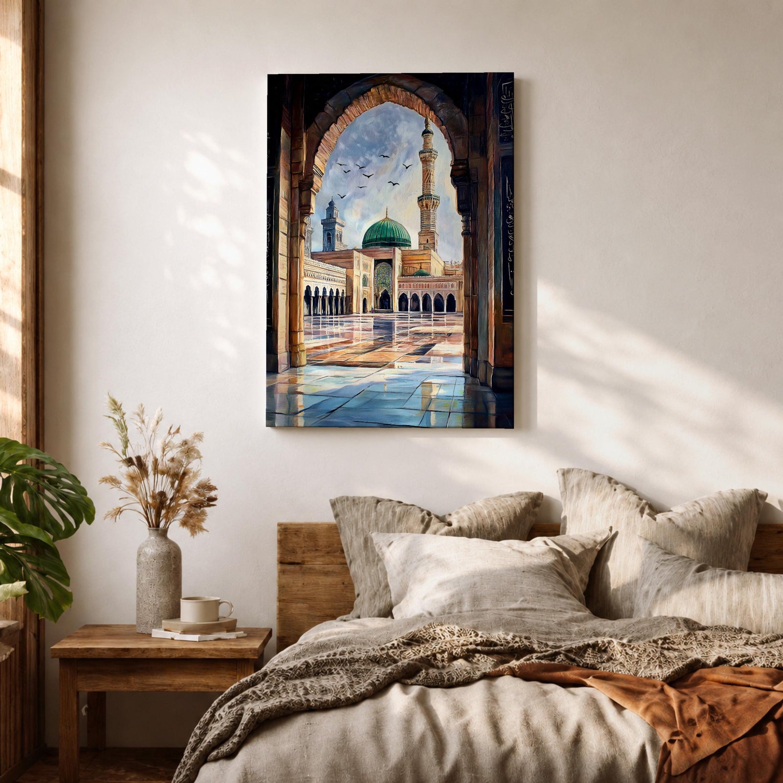 Painting of Masjid Nabawi in Medina seen through a grand stone archway, showing the iconic green dome, tall minaret, and reflective marble courtyard with birds flying above the sacred Prophet’s Mosque and detailed Islamic architectural arches framing the serene mosque complex.