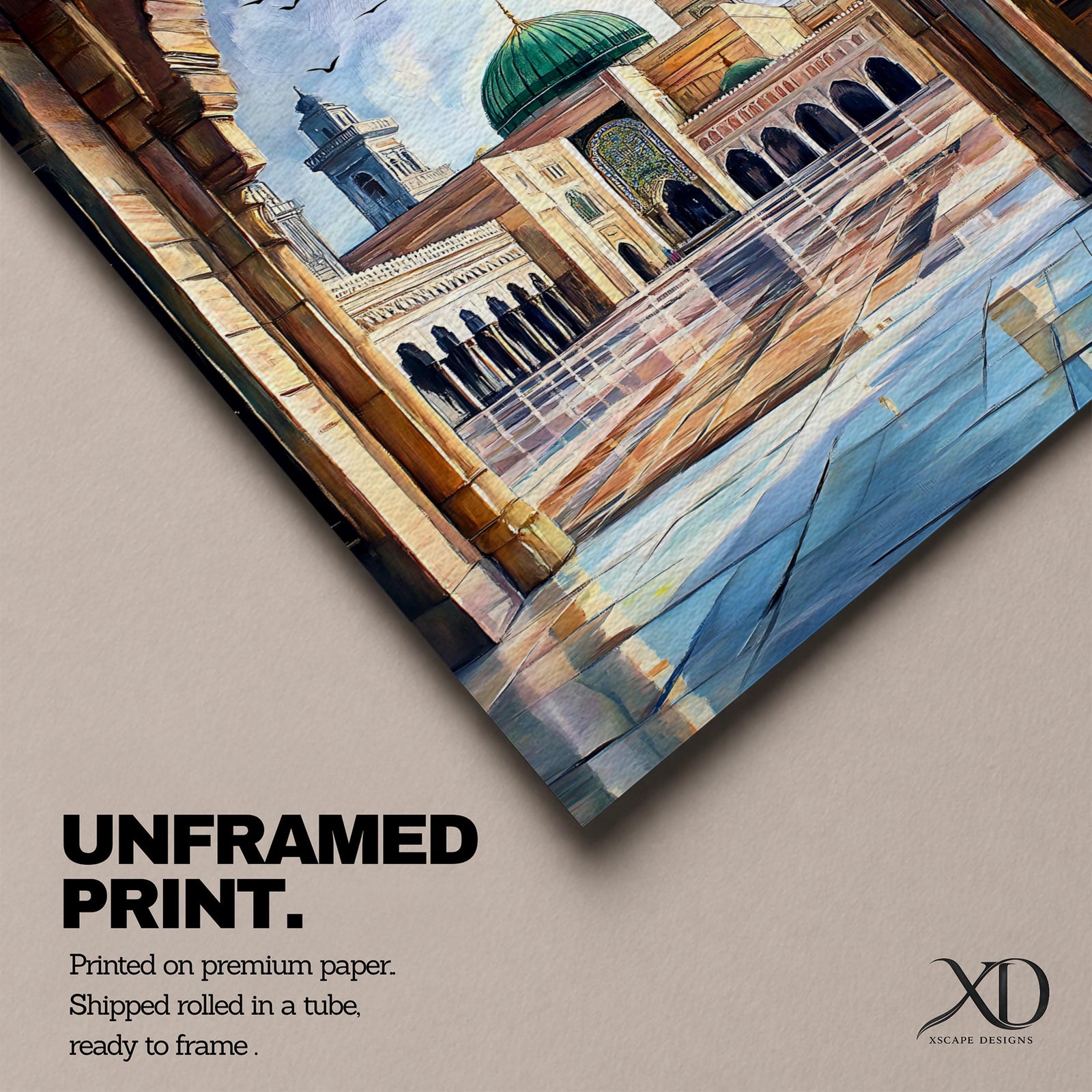 Painting of Masjid Nabawi in Medina seen through a grand stone archway, showing the iconic green dome, tall minaret, and reflective marble courtyard with birds flying above the sacred Prophet’s Mosque and detailed Islamic architectural arches framing the serene mosque complex.