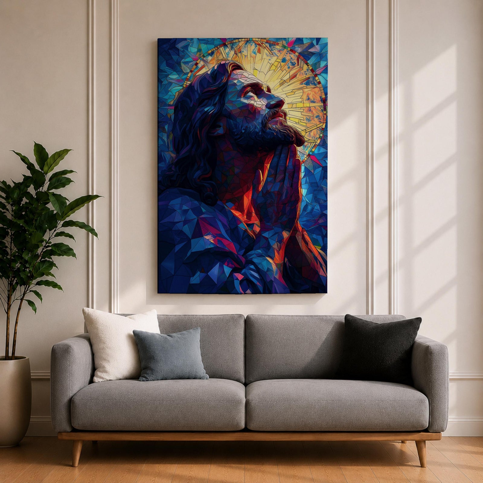 Modern stained glass style illustration of Jesus Christ praying with hands clasped and head gently bowed, depicted with a soft halo and composed of luminous jewel toned glass segments forming radiant patterns, rendered with clean lines and glowing color in a contemporary biblical Christian devotional composition.