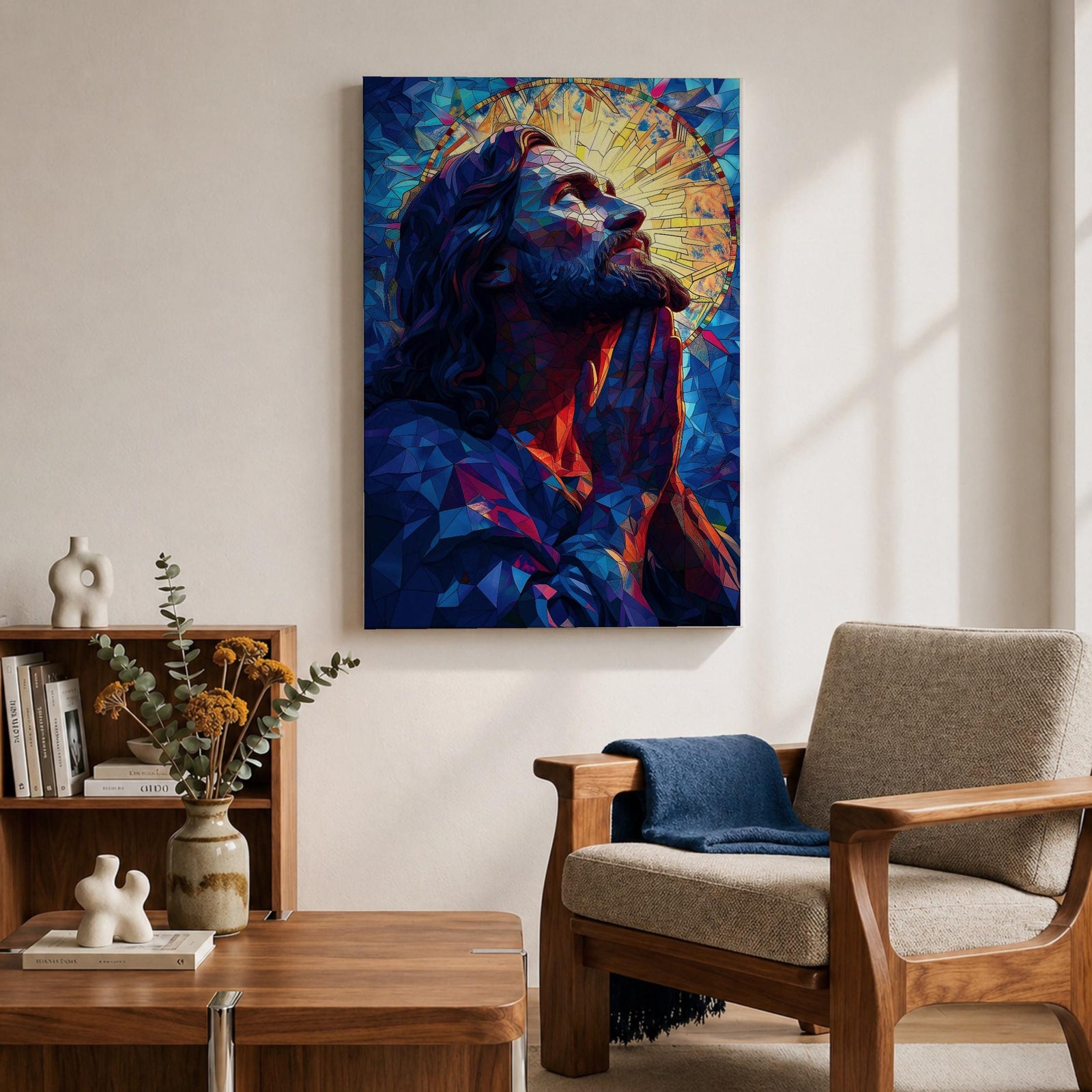 Modern stained glass style illustration of Jesus Christ praying with hands clasped and head gently bowed, depicted with a soft halo and composed of luminous jewel toned glass segments forming radiant patterns, rendered with clean lines and glowing color in a contemporary biblical Christian devotional composition.