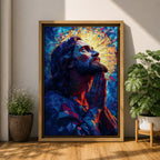 Modern stained glass style illustration of Jesus Christ praying with hands clasped and head gently bowed, depicted with a soft halo and composed of luminous jewel toned glass segments forming radiant patterns, rendered with clean lines and glowing color in a contemporary biblical Christian devotional composition.