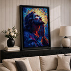 Modern stained glass style illustration of Jesus Christ praying with hands clasped and head gently bowed, depicted with a soft halo and composed of luminous jewel toned glass segments forming radiant patterns, rendered with clean lines and glowing color in a contemporary biblical Christian devotional composition.