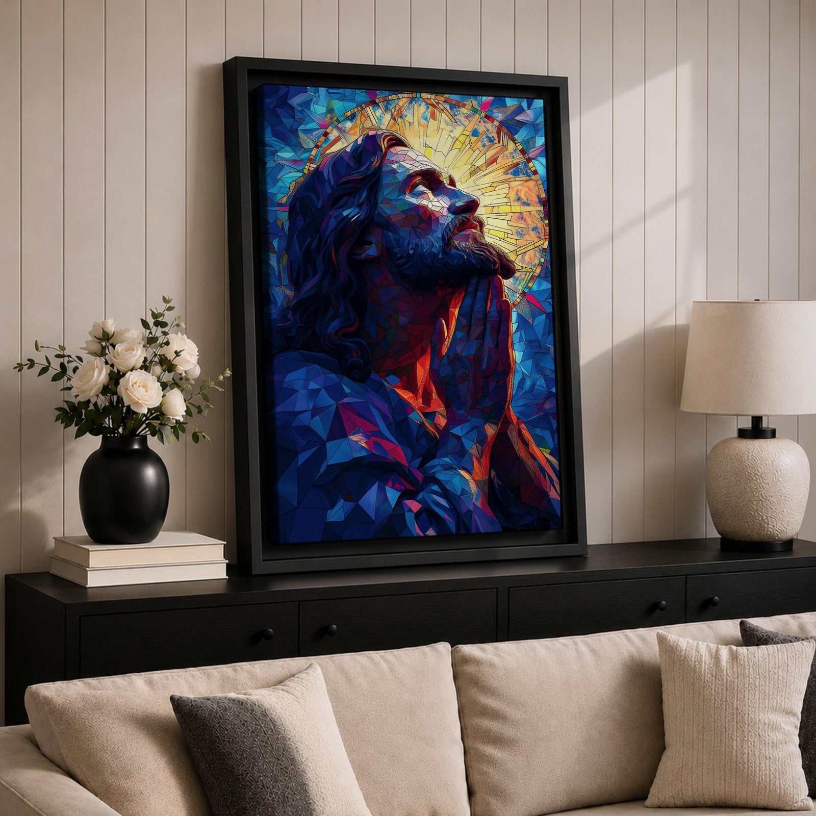 Modern stained glass style illustration of Jesus Christ praying with hands clasped and head gently bowed, depicted with a soft halo and composed of luminous jewel toned glass segments forming radiant patterns, rendered with clean lines and glowing color in a contemporary biblical Christian devotional composition.
