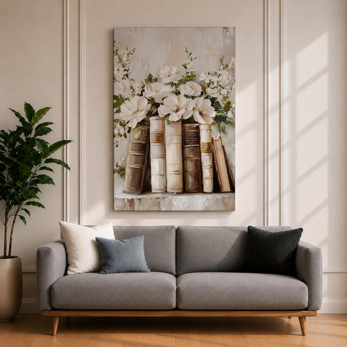 A framed canvas painting depicting a bookshelf with vintage-style books and white peony flowers arranged among the spines, rendered in a textured impasto technique with soft, natural tones and a cottagecore aesthetic.