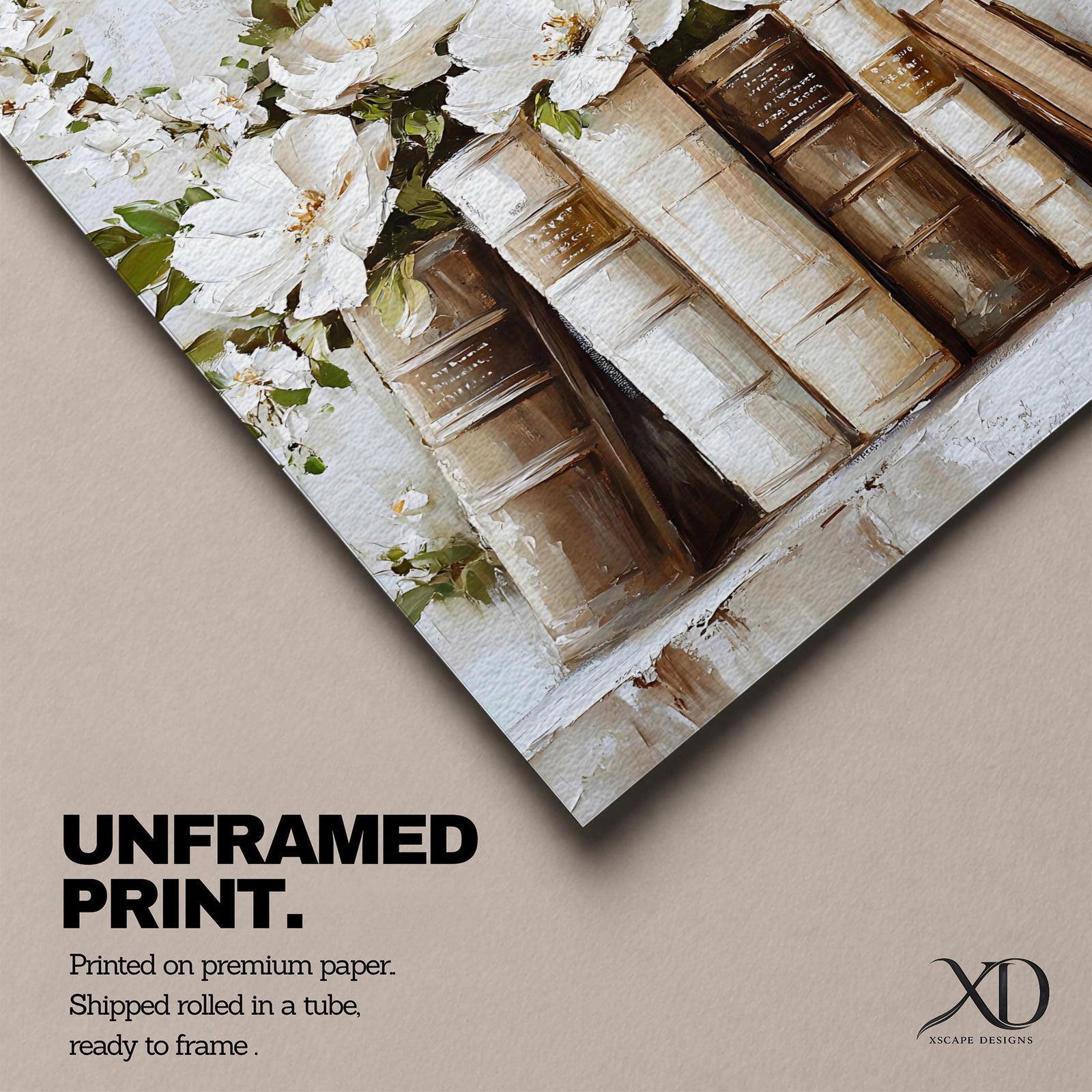A framed canvas painting depicting a bookshelf with vintage-style books and white peony flowers arranged among the spines, rendered in a textured impasto technique with soft, natural tones and a cottagecore aesthetic.