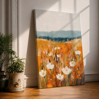 This artwork depicts a vintage-style wildflower meadow with soft white blooms and warm autumn tones. The floral composition blends painterly brushstrokes with a rustic aesthetic, capturing a natural landscape scene that evokes a cozy farmhouse feel. The framed canvas enhances its classic charm.
