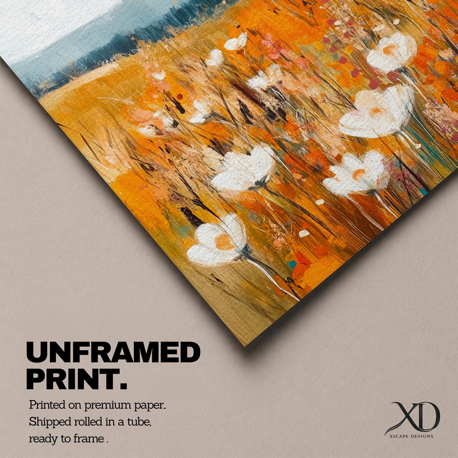 This artwork depicts a vintage-style wildflower meadow with soft white blooms and warm autumn tones. The floral composition blends painterly brushstrokes with a rustic aesthetic, capturing a natural landscape scene that evokes a cozy farmhouse feel. The framed canvas enhances its classic charm.