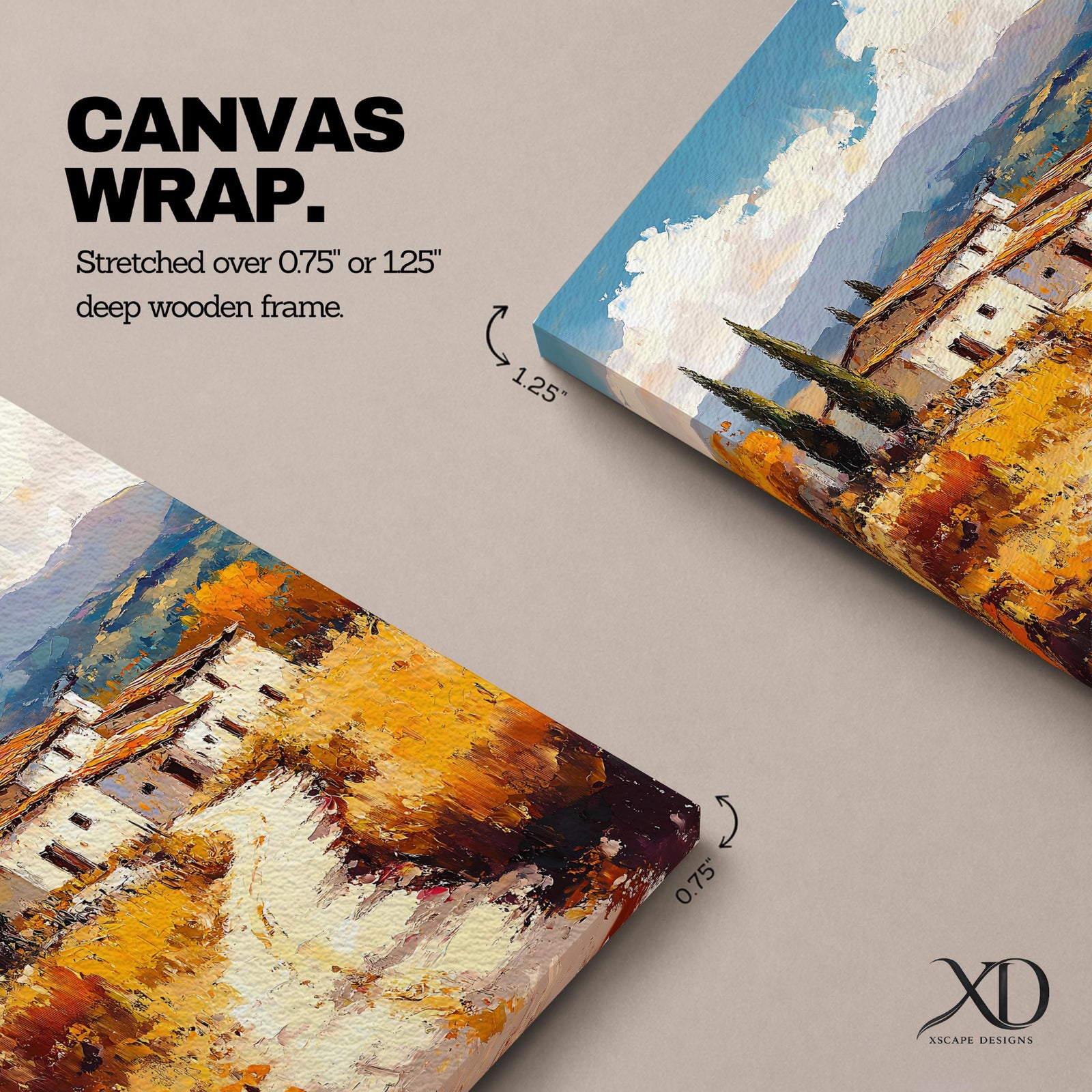 A vintage-style framed canvas painting depicting a Tuscan landscape with a winding path leading to rustic houses surrounded by tall cypress trees and golden fields under a partly cloudy sky, rendered in textured brushstrokes evoking a warm Italian countryside atmosphere.
