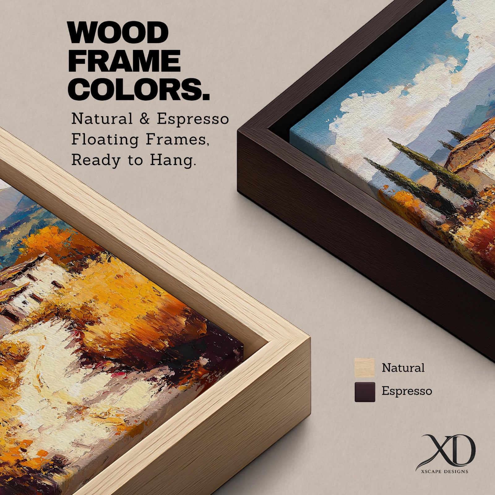 A vintage-style framed canvas painting depicting a Tuscan landscape with a winding path leading to rustic houses surrounded by tall cypress trees and golden fields under a partly cloudy sky, rendered in textured brushstrokes evoking a warm Italian countryside atmosphere.