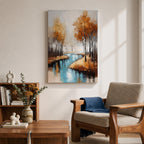 A framed canvas painting depicting an autumn river winding through a forest with tall trees in fall colors. The artwork features a vintage style with textured brushstrokes, emphasizing the natural landscape and serene water reflections in warm rustic tones.