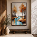 A framed canvas painting depicting an autumn river winding through a forest with tall trees in fall colors. The artwork features a vintage style with textured brushstrokes, emphasizing the natural landscape and serene water reflections in warm rustic tones.