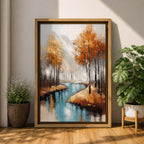 A framed canvas painting depicting an autumn river winding through a forest with tall trees in fall colors. The artwork features a vintage style with textured brushstrokes, emphasizing the natural landscape and serene water reflections in warm rustic tones.