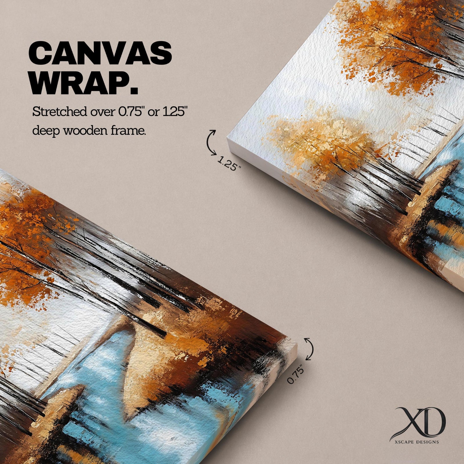 A framed canvas painting depicting an autumn river winding through a forest with tall trees in fall colors. The artwork features a vintage style with textured brushstrokes, emphasizing the natural landscape and serene water reflections in warm rustic tones.