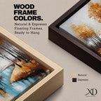 A framed canvas painting depicting an autumn river winding through a forest with tall trees in fall colors. The artwork features a vintage style with textured brushstrokes, emphasizing the natural landscape and serene water reflections in warm rustic tones.