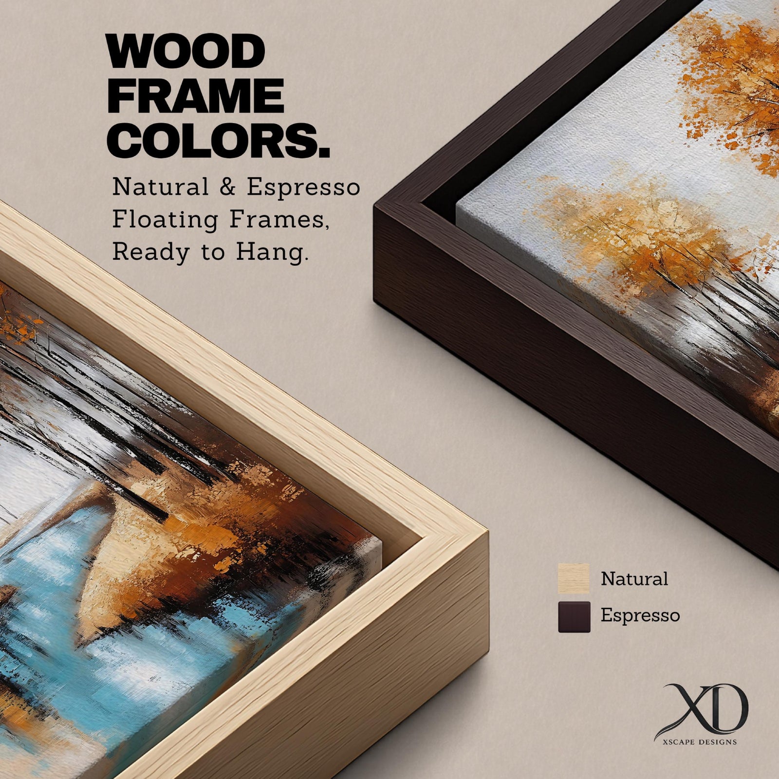 A framed canvas painting depicting an autumn river winding through a forest with tall trees in fall colors. The artwork features a vintage style with textured brushstrokes, emphasizing the natural landscape and serene water reflections in warm rustic tones.