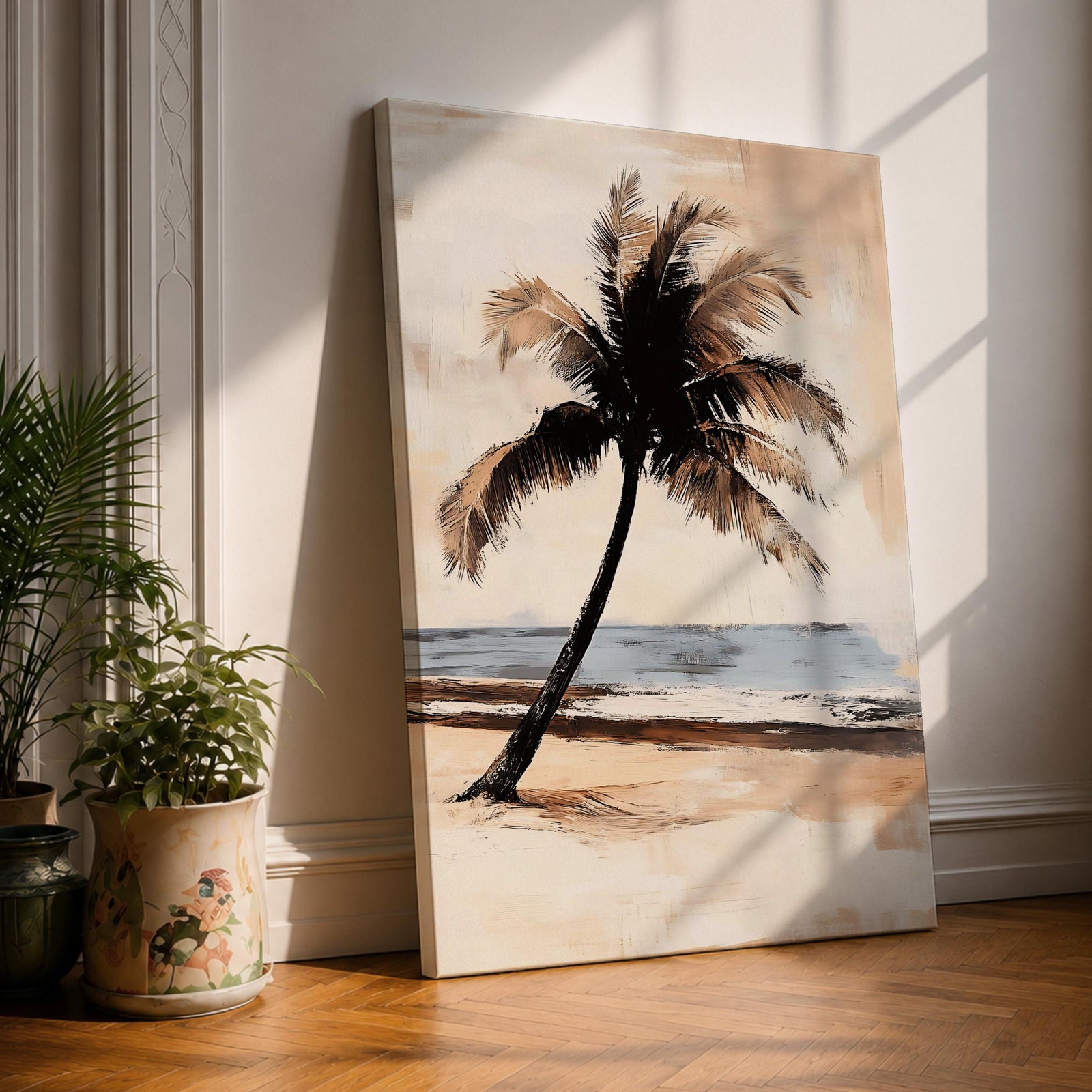 This artwork features a vintage-style framed canvas print of a palm tree on a sandy beach with a calm ocean in the background. The palm tree is depicted with textured brush strokes and muted tones, capturing a coastal nature scene with a nostalgic, weathered aesthetic.