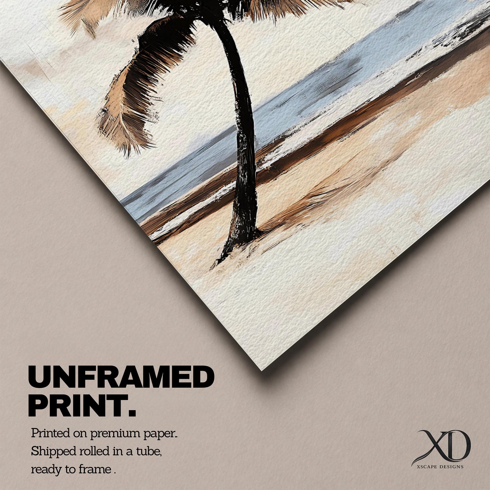 This artwork features a vintage-style framed canvas print of a palm tree on a sandy beach with a calm ocean in the background. The palm tree is depicted with textured brush strokes and muted tones, capturing a coastal nature scene with a nostalgic, weathered aesthetic.