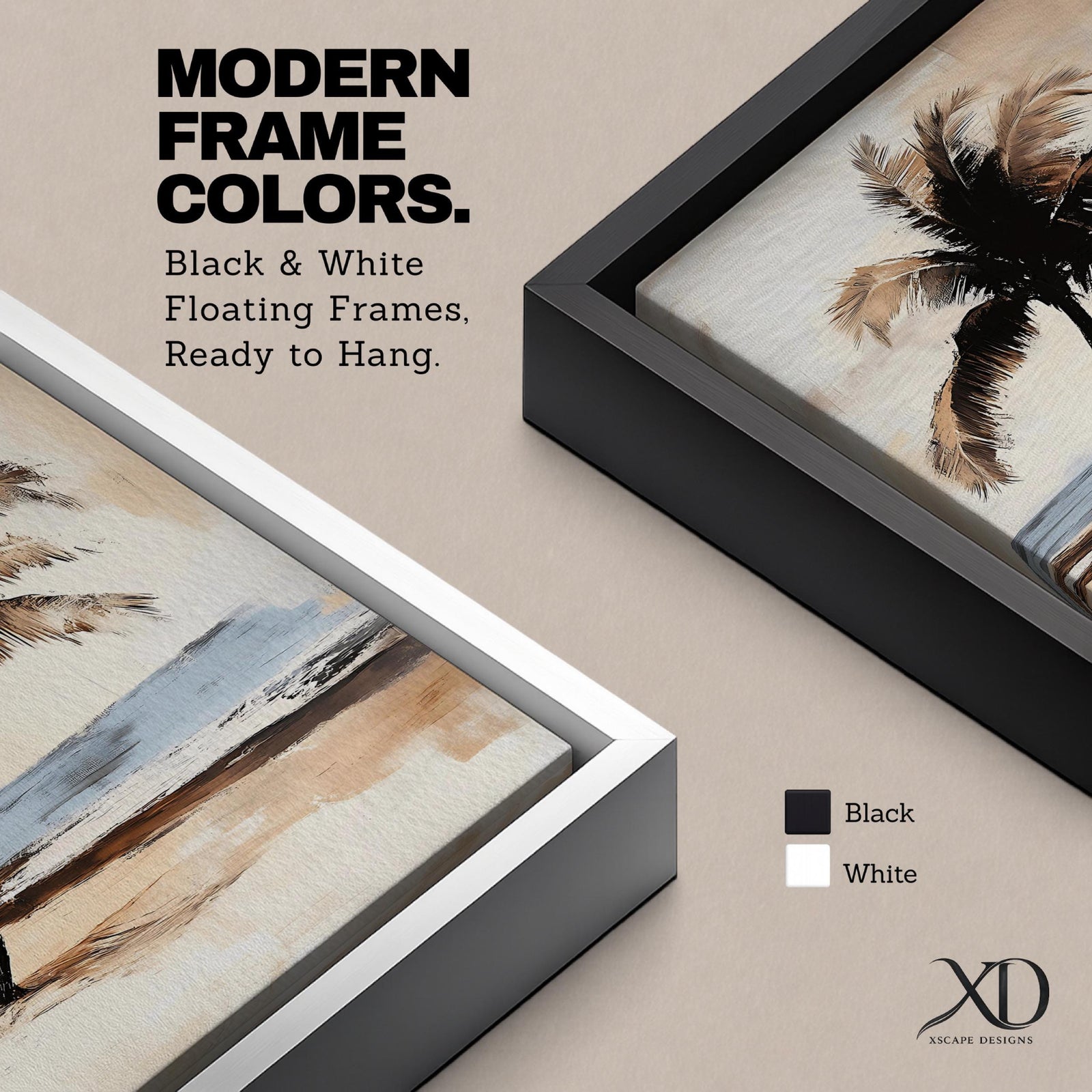 This artwork features a vintage-style framed canvas print of a palm tree on a sandy beach with a calm ocean in the background. The palm tree is depicted with textured brush strokes and muted tones, capturing a coastal nature scene with a nostalgic, weathered aesthetic.
