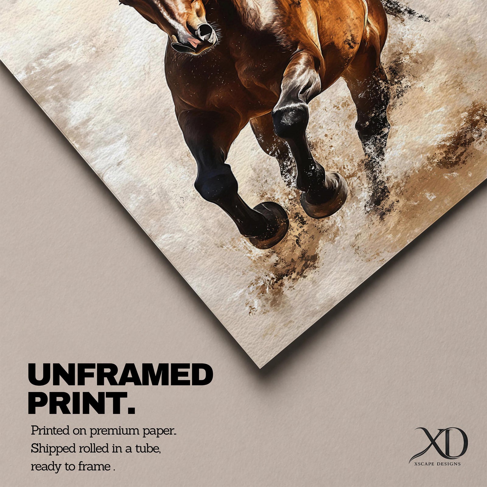 A dynamic vintage-style framed canvas wall art depicting a powerful wild stallion galloping forward with flowing mane and muscular form, capturing the energy and spirit of a running horse in a realistic animal portrait style with rustic textures and muted background tones.
