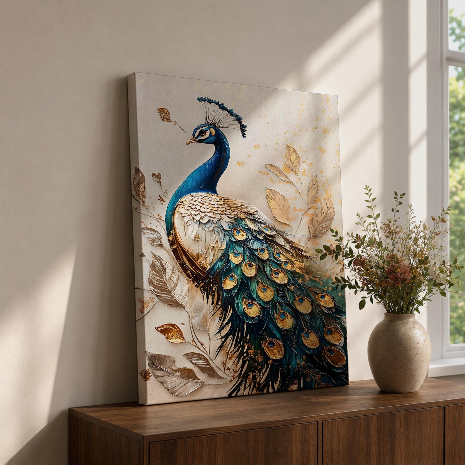 A detailed vintage-style framed canvas wall art featuring a peacock with intricate feathers and botanical elements. The artwork highlights the peacock’s elegant plumage with gold and blue tones in a classic vintage visual style, emphasizing natural animal beauty and botanical motifs.