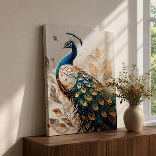A detailed vintage-style framed canvas wall art featuring a peacock with intricate feathers and botanical elements. The artwork highlights the peacock’s elegant plumage with gold and blue tones in a classic vintage visual style, emphasizing natural animal beauty and botanical motifs.