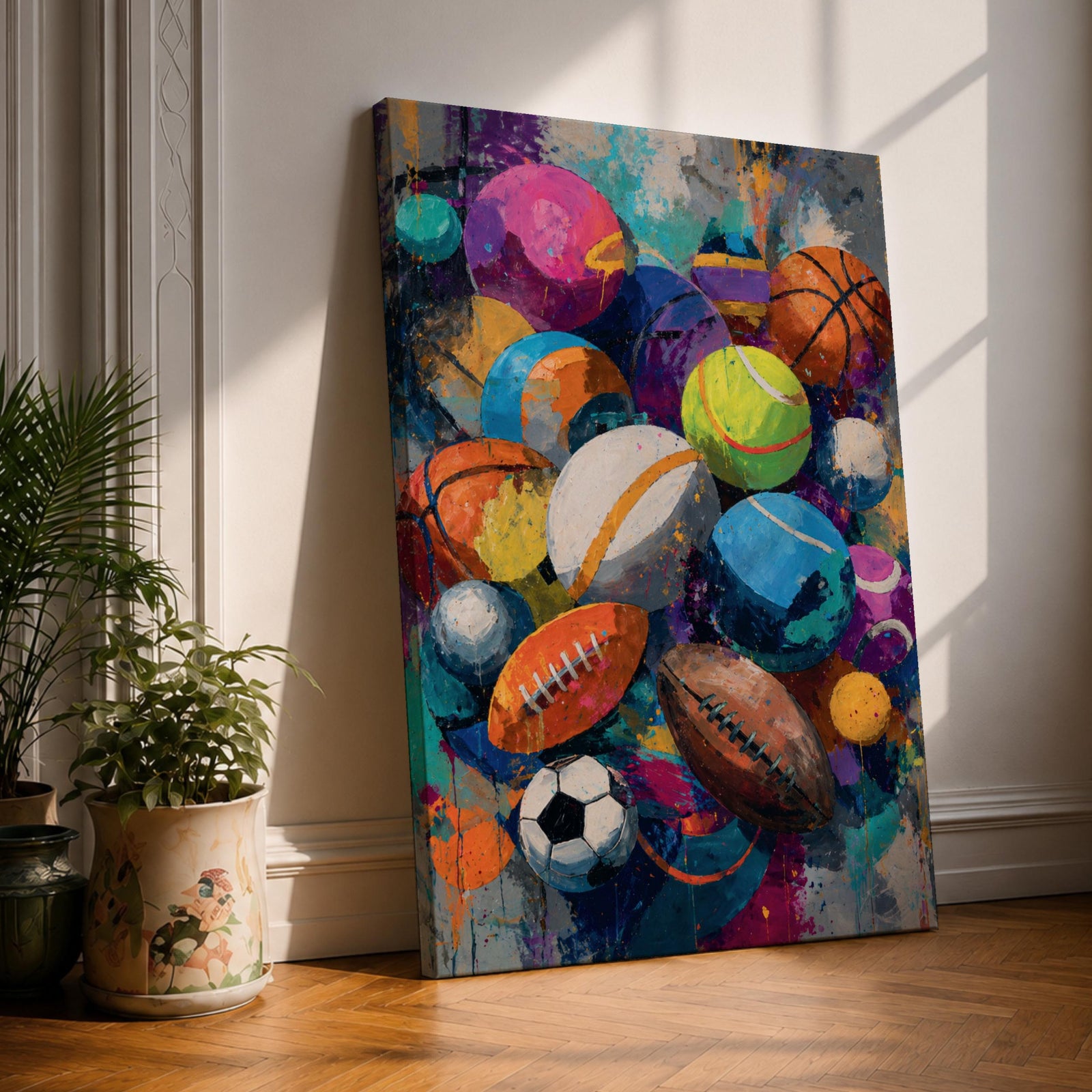 Vibrant expressionist painting featuring a collection of sports balls including soccer, basketball, football, tennis, volleyball, and playground balls. Bold colors, energetic brushstrokes, and layered textures create dynamic sports-themed wall art perfect for game rooms, gyms, locker rooms, schools, and athletic spaces.