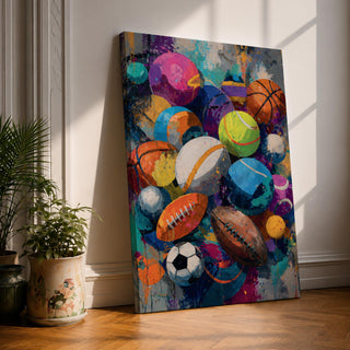 Vibrant expressionist painting featuring a collection of sports balls including soccer, basketball, football, tennis, volleyball, and playground balls. Bold colors, energetic brushstrokes, and layered textures create dynamic sports-themed wall art perfect for game rooms, gyms, locker rooms, schools, and athletic spaces.