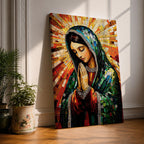 Mosaic style illustration of Our Lady of Guadalupe also known as the Mexican Virgencita standing with hands clasped in prayer, wearing a rose colored gown and a teal mantle covered with gold stars, surrounded by radiant golden rays and composed of small colorful tile patterns with a small angel beneath her in Mexican Catholic devotional style.