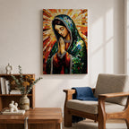 Mosaic style illustration of Our Lady of Guadalupe also known as the Mexican Virgencita standing with hands clasped in prayer, wearing a rose colored gown and a teal mantle covered with gold stars, surrounded by radiant golden rays and composed of small colorful tile patterns with a small angel beneath her in Mexican Catholic devotional style.