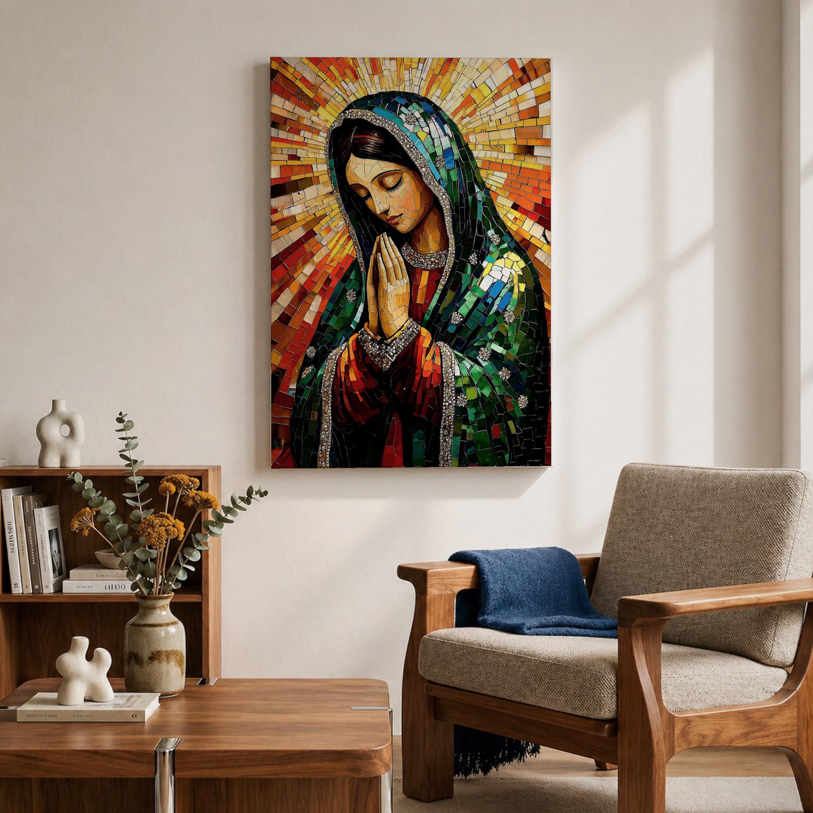 Mosaic style illustration of Our Lady of Guadalupe also known as the Mexican Virgencita standing with hands clasped in prayer, wearing a rose colored gown and a teal mantle covered with gold stars, surrounded by radiant golden rays and composed of small colorful tile patterns with a small angel beneath her in Mexican Catholic devotional style.