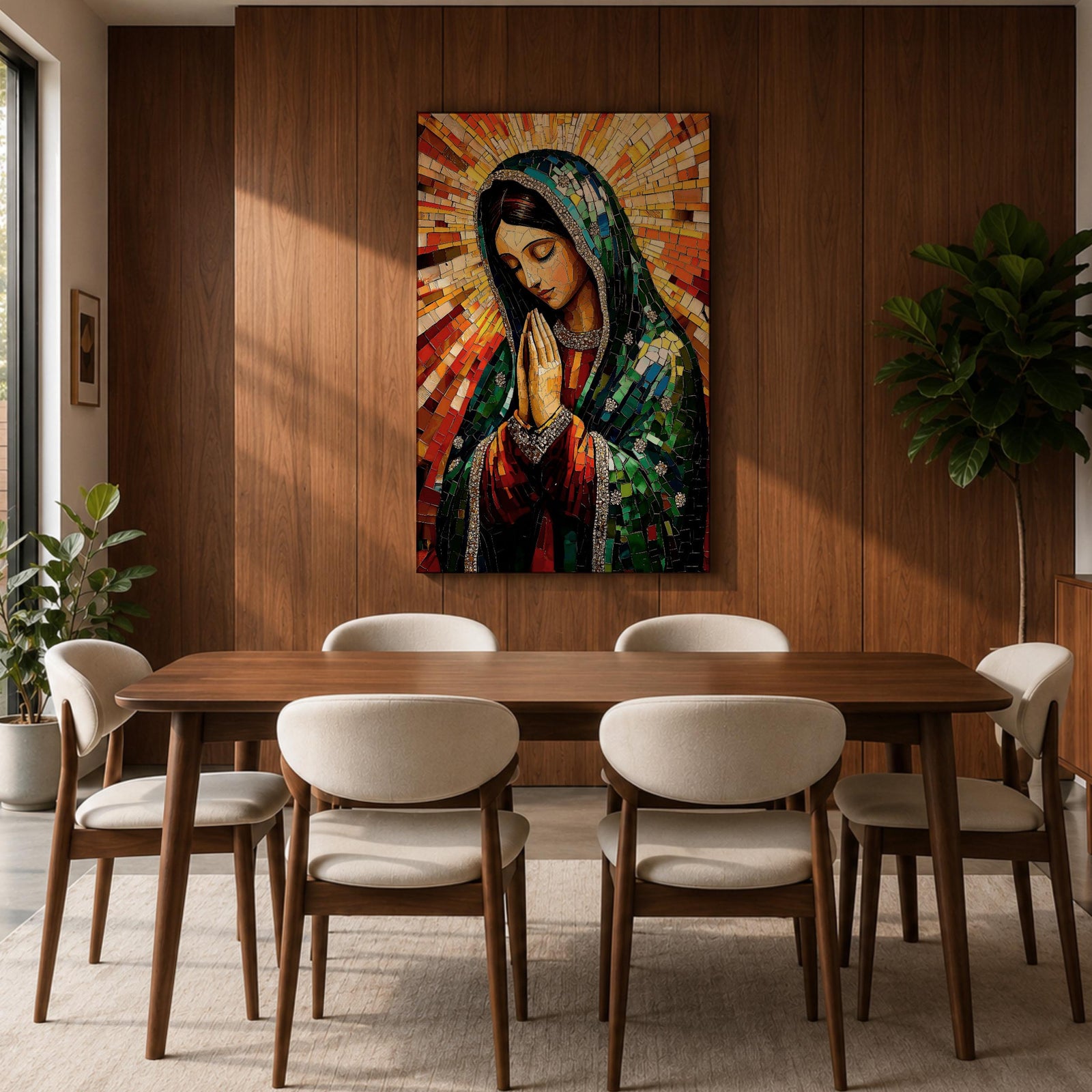 Mosaic style illustration of Our Lady of Guadalupe also known as the Mexican Virgencita standing with hands clasped in prayer, wearing a rose colored gown and a teal mantle covered with gold stars, surrounded by radiant golden rays and composed of small colorful tile patterns with a small angel beneath her in Mexican Catholic devotional style.