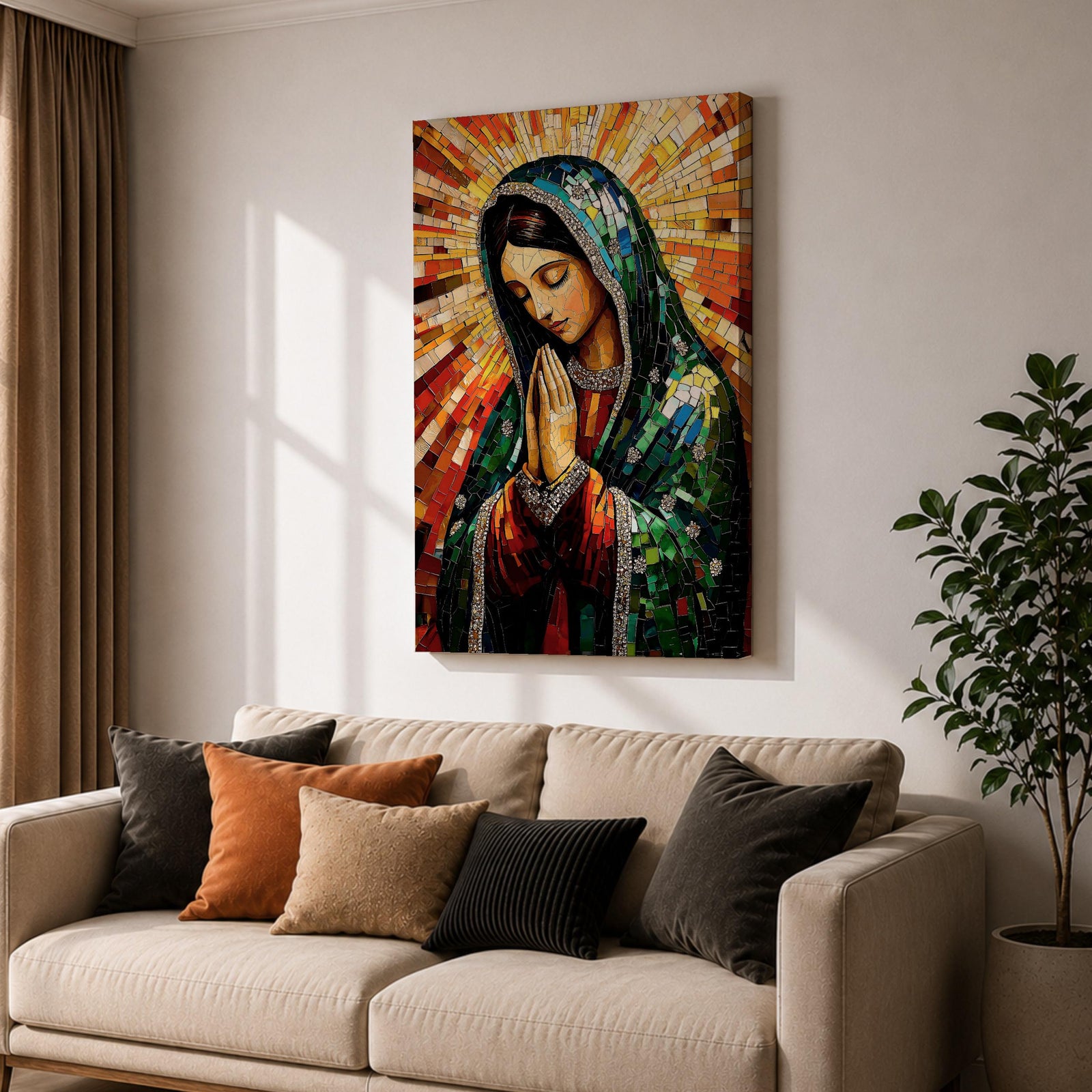 Mosaic style illustration of Our Lady of Guadalupe also known as the Mexican Virgencita standing with hands clasped in prayer, wearing a rose colored gown and a teal mantle covered with gold stars, surrounded by radiant golden rays and composed of small colorful tile patterns with a small angel beneath her in Mexican Catholic devotional style.