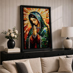 Mosaic style illustration of Our Lady of Guadalupe also known as the Mexican Virgencita standing with hands clasped in prayer, wearing a rose colored gown and a teal mantle covered with gold stars, surrounded by radiant golden rays and composed of small colorful tile patterns with a small angel beneath her in Mexican Catholic devotional style.