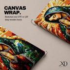 Mosaic style illustration of Our Lady of Guadalupe also known as the Mexican Virgencita standing with hands clasped in prayer, wearing a rose colored gown and a teal mantle covered with gold stars, surrounded by radiant golden rays and composed of small colorful tile patterns with a small angel beneath her in Mexican Catholic devotional style.