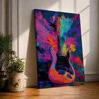 Vibrant pop art painting featuring an electric guitar set against a bold abstract background of neon purple, blue, pink, orange, and teal brushstrokes. Expressive textures and high-contrast colors create dynamic music wall art perfect for recording studios, music rooms, band spaces, and modern interiors.