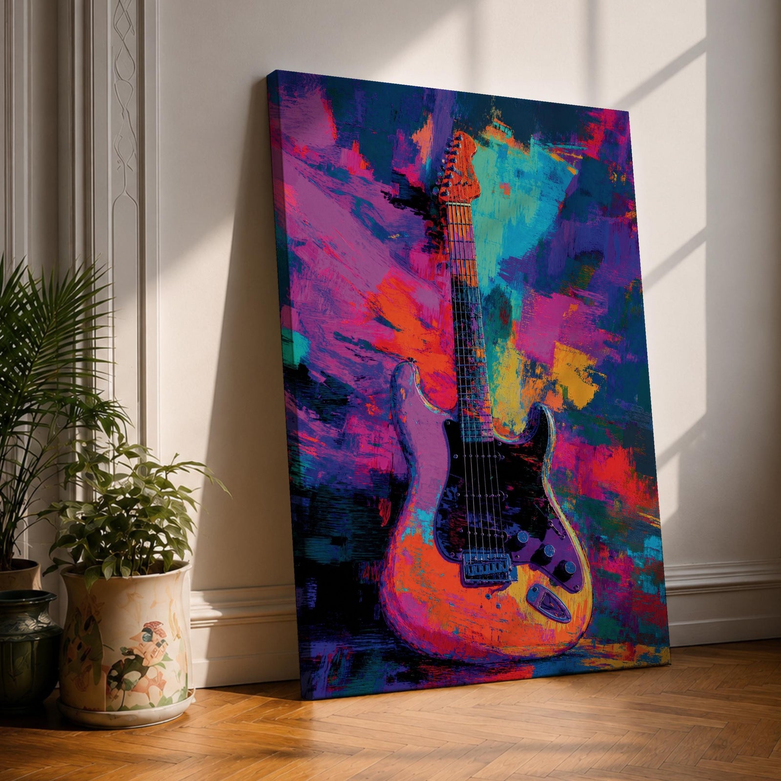 Vibrant pop art painting featuring an electric guitar set against a bold abstract background of neon purple, blue, pink, orange, and teal brushstrokes. Expressive textures and high-contrast colors create dynamic music wall art perfect for recording studios, music rooms, band spaces, and modern interiors.