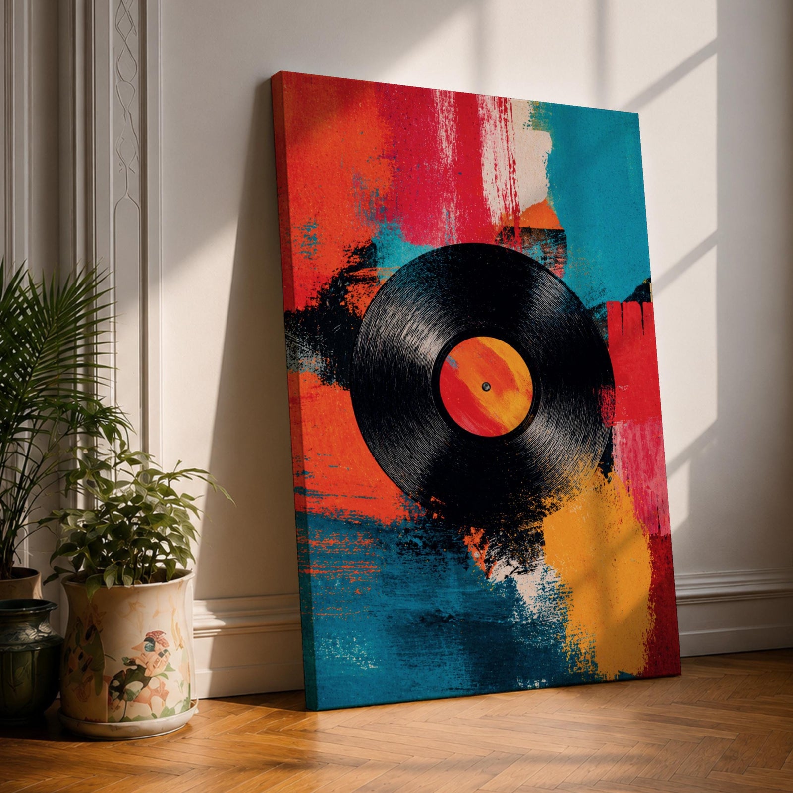 Add bold personality to your space with this Vinyl Record Wall Art, featuring a colorful abstract background with a striking black LP centerpiece. This modern music-inspired canvas print blends vibrant brushstrokes and retro style, making it perfect for music rooms, studios, living rooms, or entertainment spaces.