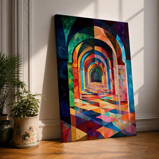 Colorful abstract artwork of repeating Islamic geometric arches forming a sacred corridor tunnel, with vibrant mosaic-like shapes and layered architectural arches creating depth and perspective reminiscent of a mosque interior.