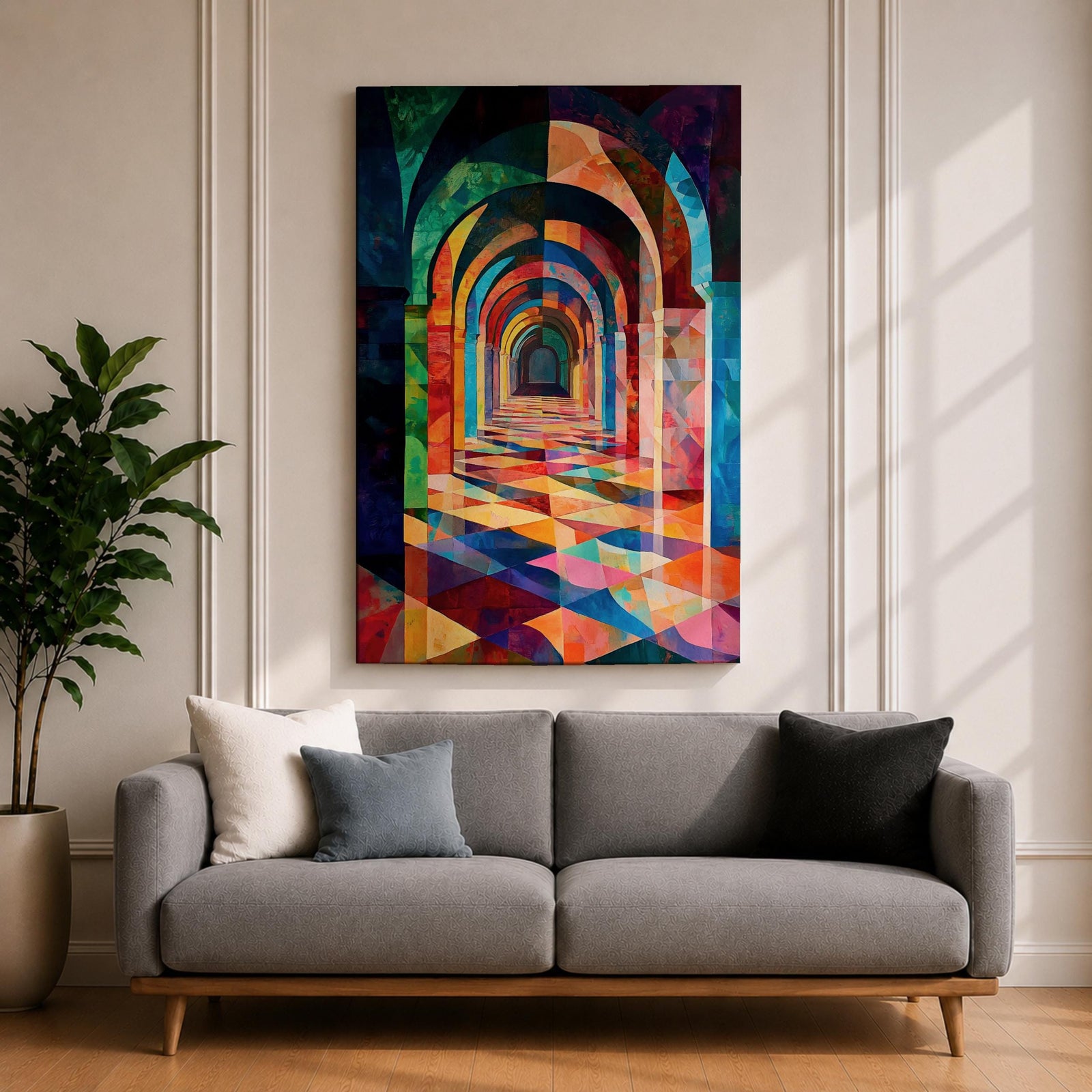 Colorful abstract artwork of repeating Islamic geometric arches forming a sacred corridor tunnel, with vibrant mosaic-like shapes and layered architectural arches creating depth and perspective reminiscent of a mosque interior.