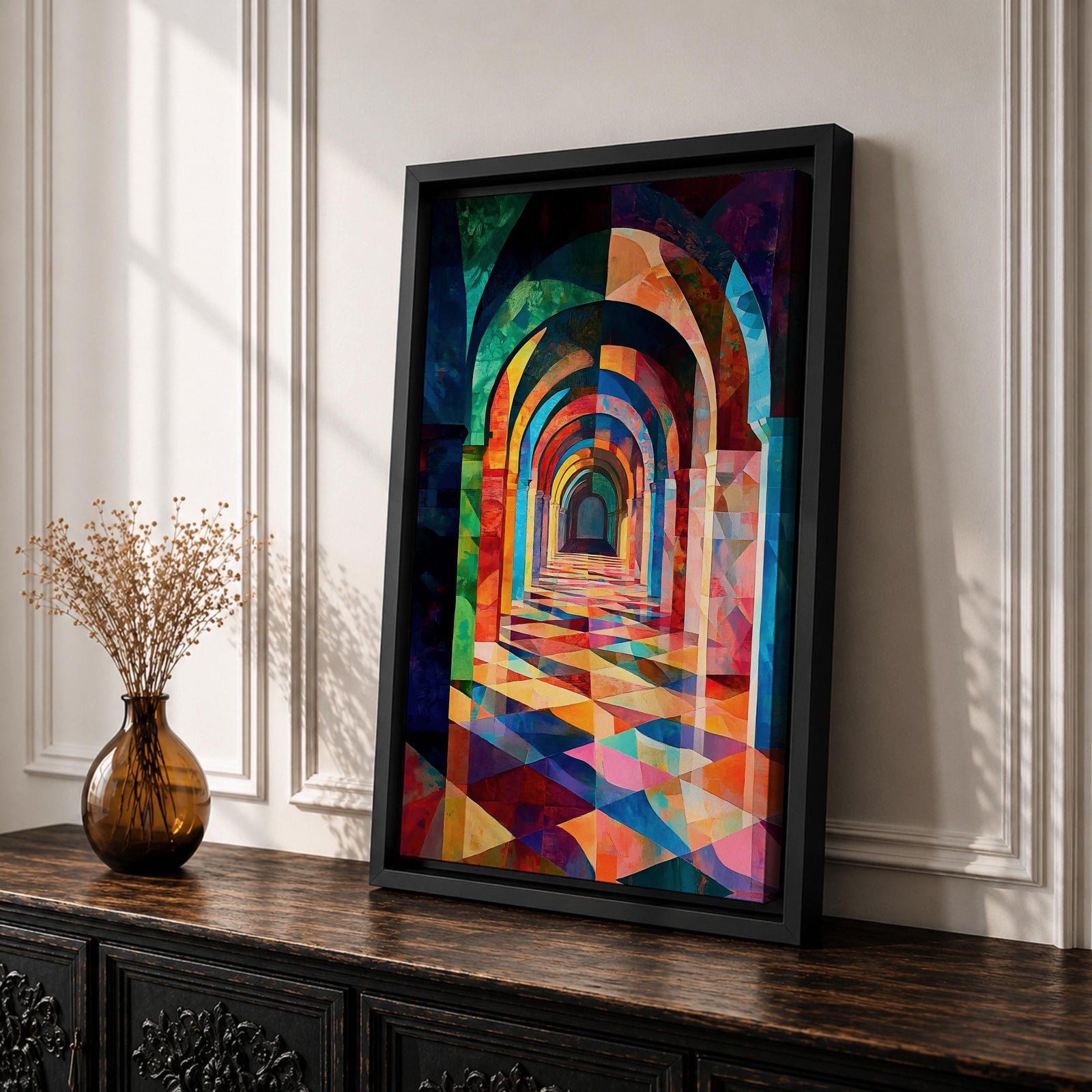 Colorful abstract artwork of repeating Islamic geometric arches forming a sacred corridor tunnel, with vibrant mosaic-like shapes and layered architectural arches creating depth and perspective reminiscent of a mosque interior.