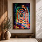 Colorful abstract artwork of repeating Islamic geometric arches forming a sacred corridor tunnel, with vibrant mosaic-like shapes and layered architectural arches creating depth and perspective reminiscent of a mosque interior.