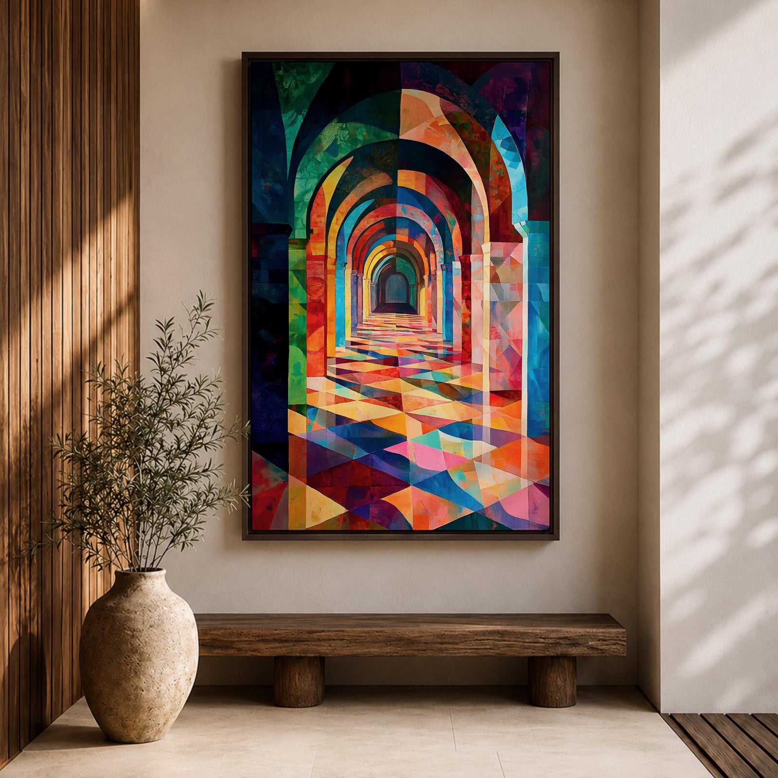 Colorful abstract artwork of repeating Islamic geometric arches forming a sacred corridor tunnel, with vibrant mosaic-like shapes and layered architectural arches creating depth and perspective reminiscent of a mosque interior.