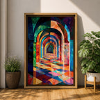 Colorful abstract artwork of repeating Islamic geometric arches forming a sacred corridor tunnel, with vibrant mosaic-like shapes and layered architectural arches creating depth and perspective reminiscent of a mosque interior.