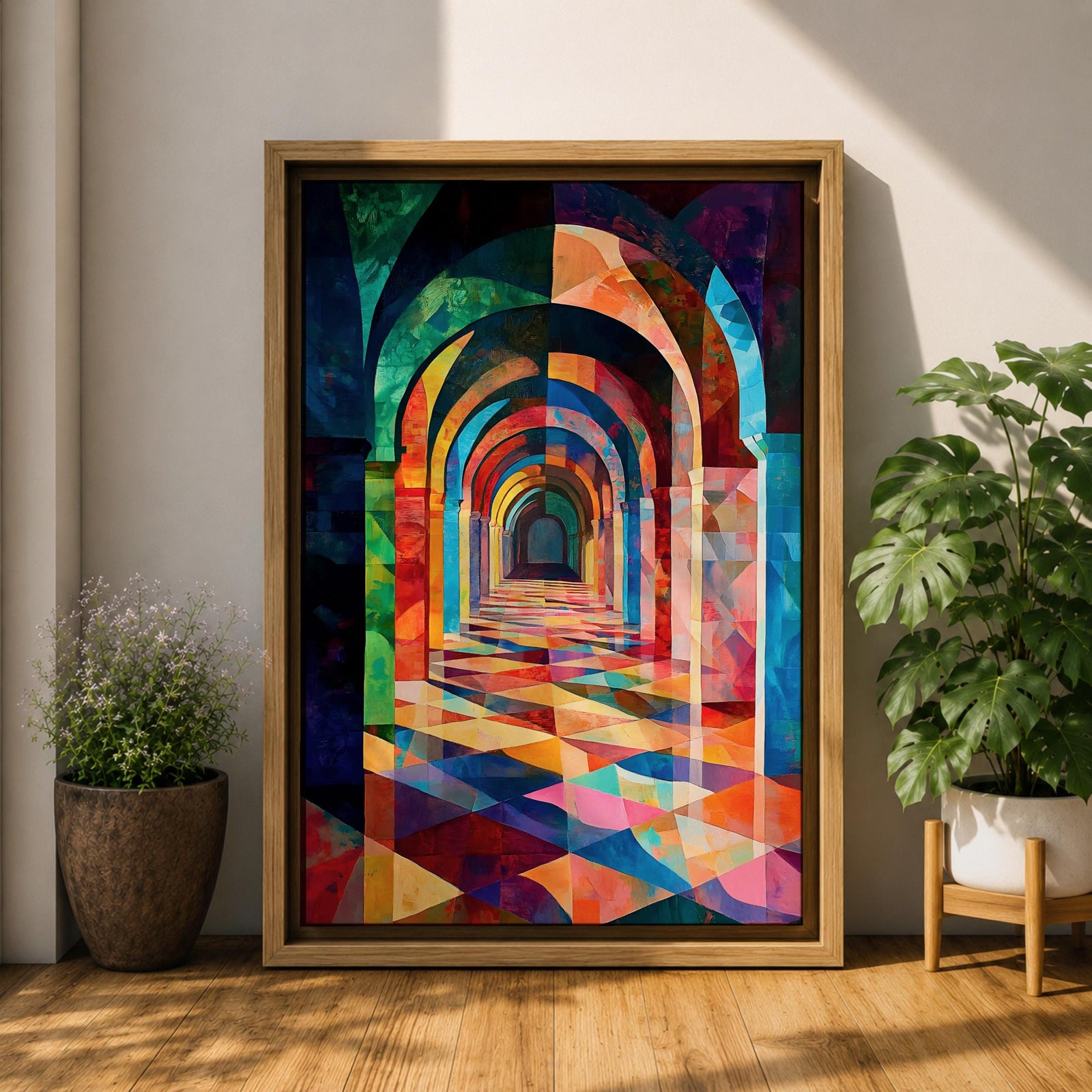 Colorful abstract artwork of repeating Islamic geometric arches forming a sacred corridor tunnel, with vibrant mosaic-like shapes and layered architectural arches creating depth and perspective reminiscent of a mosque interior.