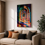 Colorful abstract artwork of repeating Islamic geometric arches forming a sacred corridor tunnel, with vibrant mosaic-like shapes and layered architectural arches creating depth and perspective reminiscent of a mosque interior.