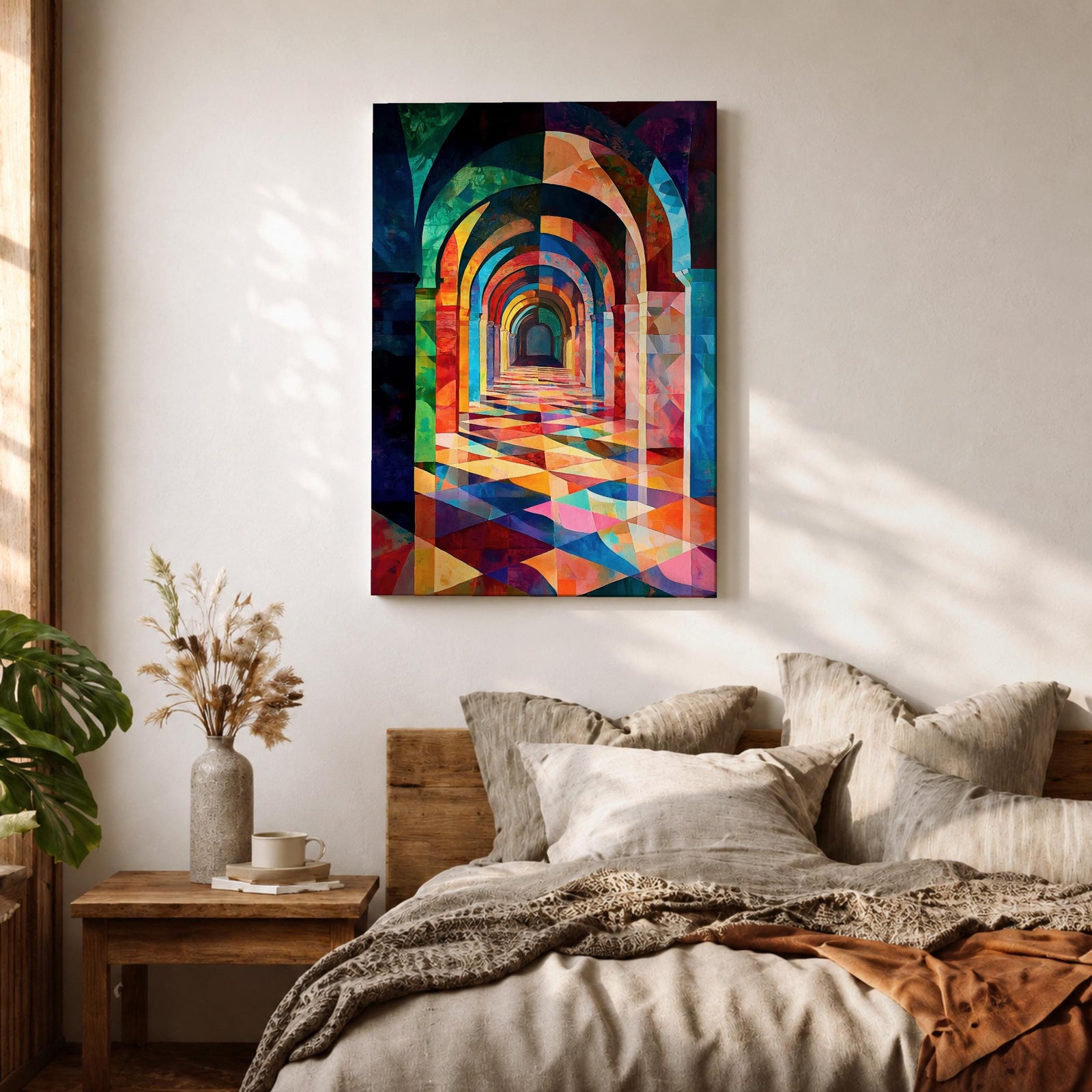 Colorful abstract artwork of repeating Islamic geometric arches forming a sacred corridor tunnel, with vibrant mosaic-like shapes and layered architectural arches creating depth and perspective reminiscent of a mosque interior.