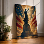 Dramatic Lady Justice wall art featuring the iconic blindfolded statue holding scales and sword before a radiant American flag backdrop. Golden light rays, patriotic colors, and classical legal symbolism create powerful artwork ideal for law offices, courtrooms, attorneys, judges, and government buildings.