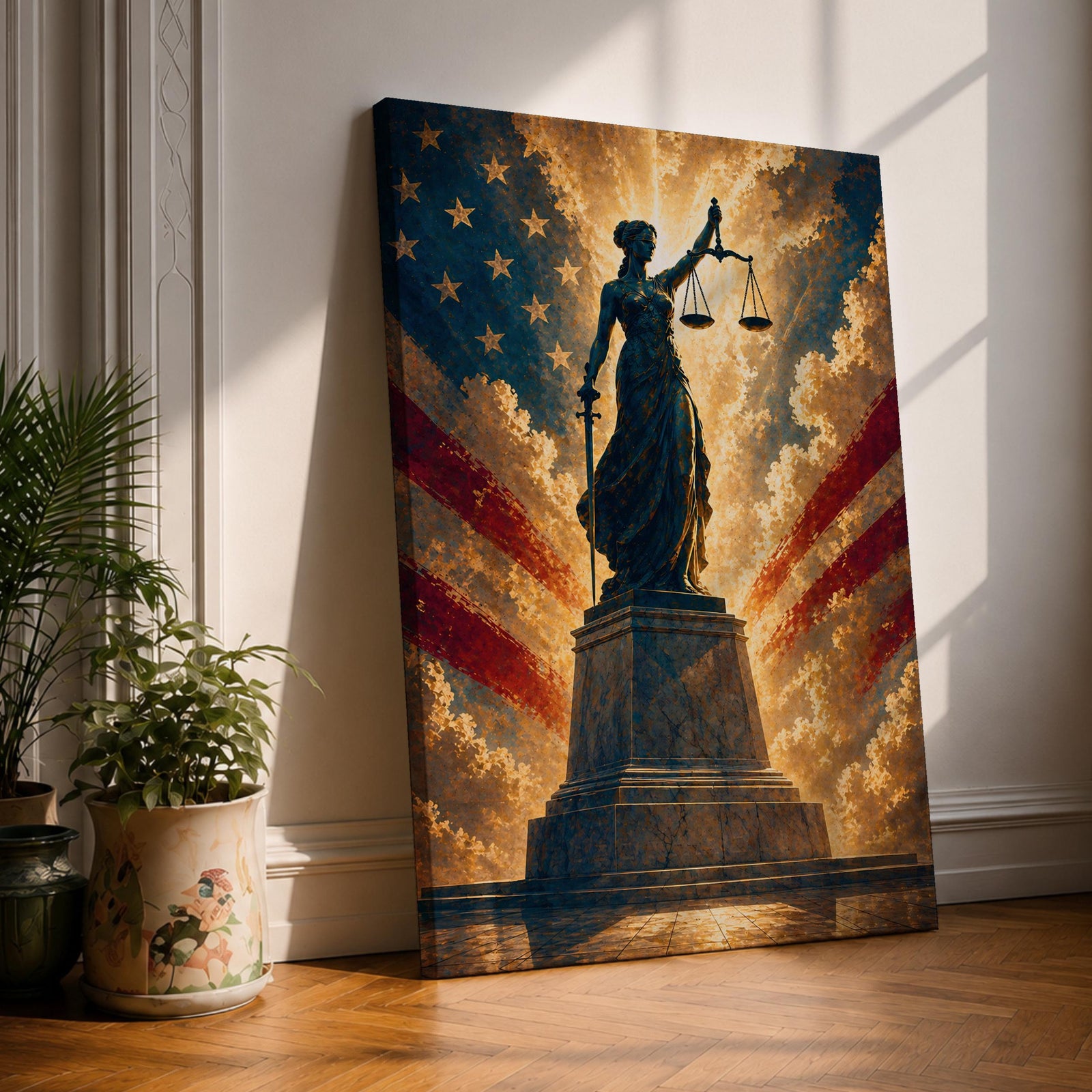 Dramatic Lady Justice wall art featuring the iconic blindfolded statue holding scales and sword before a radiant American flag backdrop. Golden light rays, patriotic colors, and classical legal symbolism create powerful artwork ideal for law offices, courtrooms, attorneys, judges, and government buildings.