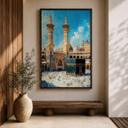 Detailed textured painting of the Kaaba at Masjid Al Haram in Mecca with two tall minarets, pilgrims surrounding the Kaaba, and a bright blue sky above the grand mosque courtyard.
